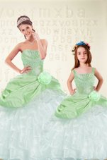 Floor Length Lace Up Sweet 16 Quinceanera Dress for Military Ball and Sweet 16 and Quinceanera with Beading and Ruffled Layers and Hand Made Flower