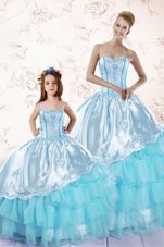 Artistic Baby Blue Ball Gowns Embroidery and Ruffled Layers Sweet 16 Dresses Zipper Organza Sleeveless Floor Length