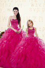 Floor Length Lace Up Vestidos de Quinceanera Fuchsia and In for Military Ball and Sweet 16 and Quinceanera with Beading and Ruffles