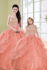 Cute Watermelon Red Organza Lace Up Sweet 16 Dress Sleeveless Floor Length Beading and Sequins