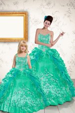Customized Turquoise Ball Gowns Beading and Embroidery and Pick Ups Ball Gown Prom Dress Lace Up Taffeta Sleeveless Floor Length