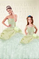 Pretty Yellow Green Sleeveless Floor Length Beading and Ruffled Layers and Hand Made Flower Lace Up 15 Quinceanera Dress