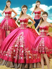 Four Piece Hot Pink Ball Gowns Sweetheart Sleeveless Taffeta Floor Length Lace Up Beading and Embroidery 15 Quinceanera Dress
