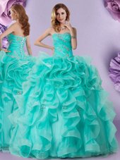 Aqua Blue Sleeveless Beading and Ruffles Floor Length Quince Ball Gowns