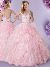 Excellent Baby Pink Organza Lace Up Vestidos de Quinceanera Sleeveless Floor Length Beading and Ruffles