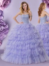 Lavender Sleeveless Beading and Ruffled Layers Floor Length Quinceanera Gown