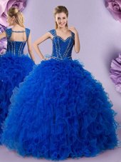 New Arrival Straps Straps Cap Sleeves Tulle Floor Length Lace Up Quinceanera Dresses in Royal Blue for with Beading and Ruffles