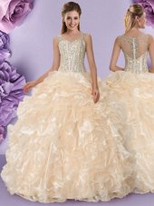 Straps Straps Sleeveless Floor Length Beading and Ruffles Zipper Quinceanera Gown with Champagne