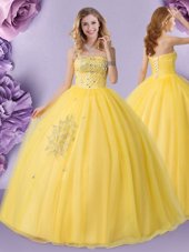 Flirting Floor Length Gold 15th Birthday Dress Tulle Sleeveless Beading