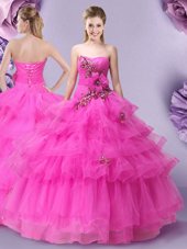 Floor Length Hot Pink Vestidos de Quinceanera Tulle Sleeveless Appliques and Ruffled Layers and Hand Made Flower