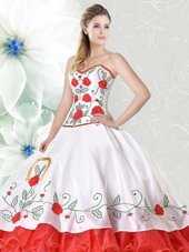 Traditional White and Red Sweetheart Lace Up Embroidery and Ruffled Layers 15th Birthday Dress Sleeveless