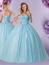 Light Blue Quince Ball Gowns Military Ball and Sweet 16 and Quinceanera and For with Beading Sweetheart Sleeveless Lace Up