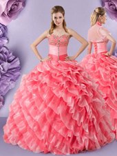 Deluxe Floor Length Watermelon Red Quinceanera Dresses Organza Sleeveless Lace