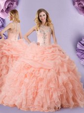 Peach Organza Zipper Straps Sleeveless Floor Length 15 Quinceanera Dress Beading and Ruffles and Pick Ups
