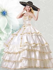 White Ball Gowns Embroidery and Ruffled Layers Quinceanera Dresses Lace Up Taffeta Sleeveless Floor Length