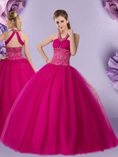 Halter Top Floor Length Fuchsia Quinceanera Gown Tulle Sleeveless Beading