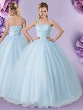 Spectacular Floor Length Lace Up Quinceanera Gown Royal Blue and In for Military Ball and Sweet 16 and Quinceanera with Beading and Ruffles and Hand Made Flower