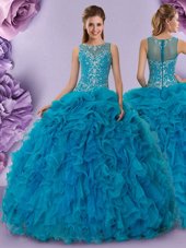 Fine Scoop Teal Zipper 15th Birthday Dress Beading and Ruffles Sleeveless Floor Length
