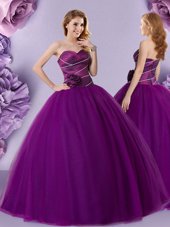 Great Dark Purple Ball Gowns Tulle Sweetheart Sleeveless Hand Made Flower Floor Length Zipper Quince Ball Gowns