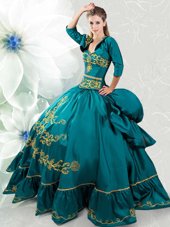 Floor Length Lace Up Sweet 16 Dresses Teal and In for Military Ball and Sweet 16 and Quinceanera with Beading and Embroidery