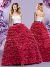 Wine Red Quince Ball Gowns Military Ball and Sweet 16 and Quinceanera and For with Lace and Ruffled Layers Sweetheart Sleeveless Lace Up