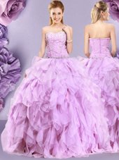 Glamorous Lilac Tulle Zipper Ball Gown Prom Dress Sleeveless Floor Length Beading and Ruffles