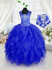 Royal Blue Halter Top Lace Up Appliques and Ruffles Kids Pageant Dress Sleeveless