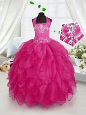 Ball Gowns Teens Party Dress Fuchsia Halter Top Organza Sleeveless Floor Length Lace Up