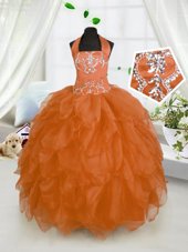 Artistic Halter Top Organza Sleeveless Floor Length Flower Girl Dresses and Beading and Ruffles