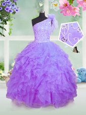 Organza One Shoulder Sleeveless Lace Up Beading and Ruffles Pageant Gowns For Girls in Lavender