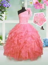 One Shoulder Watermelon Red Organza Lace Up Party Dress Sleeveless Floor Length Beading and Ruffles