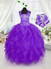Halter Top Sleeveless Floor Length Appliques and Ruffles Lace Up Child Pageant Dress with Purple