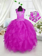 Glamorous Purple Lace Up Halter Top Appliques and Ruffles Flower Girl Dress Organza Sleeveless
