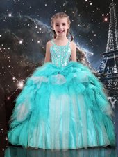 Ball Gowns Party Dress for Toddlers Aqua Blue Spaghetti Straps Organza Sleeveless Floor Length Lace Up