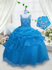 Sweet Aqua Blue Sleeveless Beading and Pick Ups Floor Length Flower Girl Dress