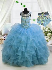 Scoop Ruffled Baby Blue Sleeveless Organza Lace Up Teens Party Dress for Party and Wedding Party