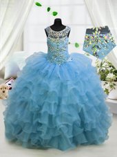 Aqua Blue Organza Zipper Spaghetti Straps Sleeveless Floor Length Party Dress Wholesale Beading and Ruffled Layers