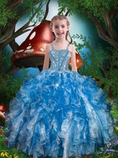 Fantastic Blue Ball Gowns Beading and Ruffles Flower Girl Dresses for Less Lace Up Organza Sleeveless Floor Length