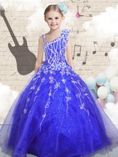 Gorgeous Blue Ball Gowns Organza Asymmetric Sleeveless Beading and Appliques and Hand Made Flower Floor Length Lace Up Teens Party Dress
