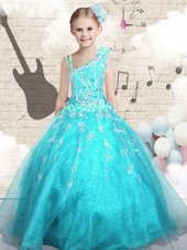 High Class Appliques Kids Pageant Dress Aqua Blue Lace Up Sleeveless Floor Length