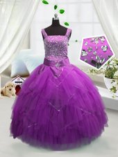 Exquisite Fuchsia Sleeveless Floor Length Beading and Ruffles Lace Up Flower Girl Dresses