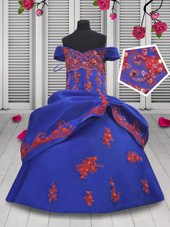 Royal Blue Ball Gowns Satin Off The Shoulder Sleeveless Beading and Appliques Floor Length Lace Up Custom Made