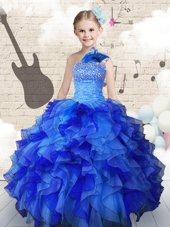 Sleeveless Organza Floor Length Lace Up Flower Girl Dresses in Navy Blue for with Beading and Ruffles