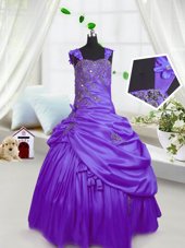 Purple Girls Pageant Dresses Party and Wedding Party and For with Beading and Pick Ups Straps Sleeveless Lace Up