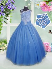 Charming Baby Blue Asymmetric Side Zipper Beading Party Dress for Girls Sleeveless