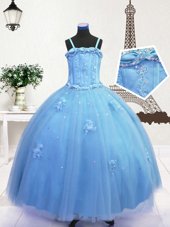 Floor Length Zipper Girls Pageant Dresses Baby Blue and In for Party and Wedding Party with Beading and Appliques