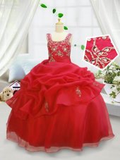 Attractive Beading and Pick Ups Kids Pageant Dress Coral Red Lace Up Sleeveless Floor Length