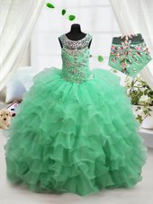 Gorgeous Scoop Sleeveless Organza Floor Length Lace Up Party Dress in Apple Green for with Beading and Ruffled Layers
