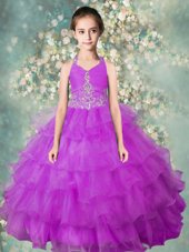Fashion Organza Halter Top Sleeveless Zipper Beading and Ruffled Layers Flower Girl Dresses for Less in Lavender