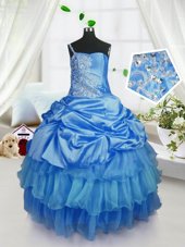 Custom Made Sleeveless Lace Up Floor Length Beading and Ruffled Layers and Pick Ups Toddler Flower Girl Dress